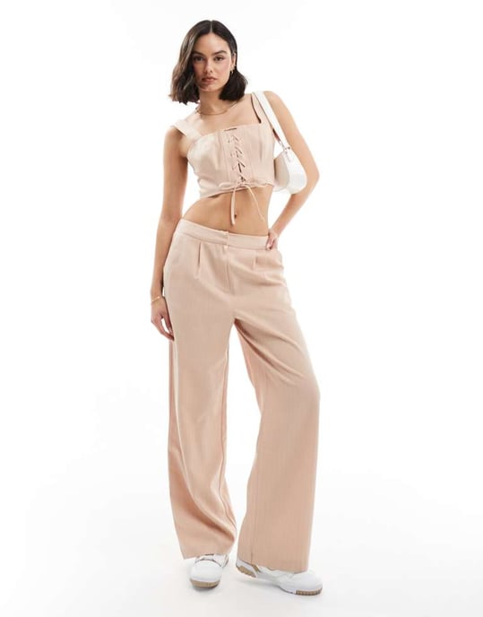 Miss Selfridge snörad korsett croptopp set i rosa randigt - Image 2