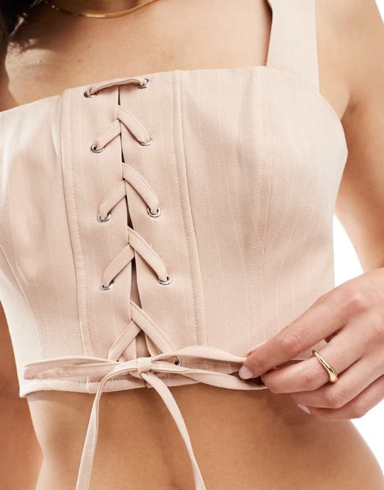 Miss Selfridge snörad korsett croptopp set i rosa randigt - Image 3