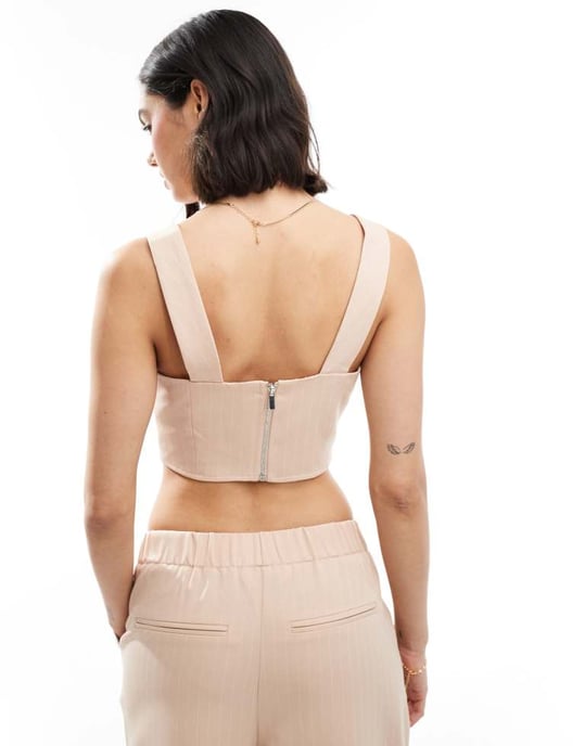Miss Selfridge snörad korsett croptopp set i rosa randigt - Image 4
