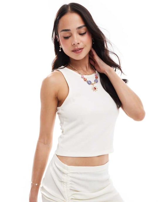 Vero Moda textured jersey beach cropped top co-ord in white - Image 1