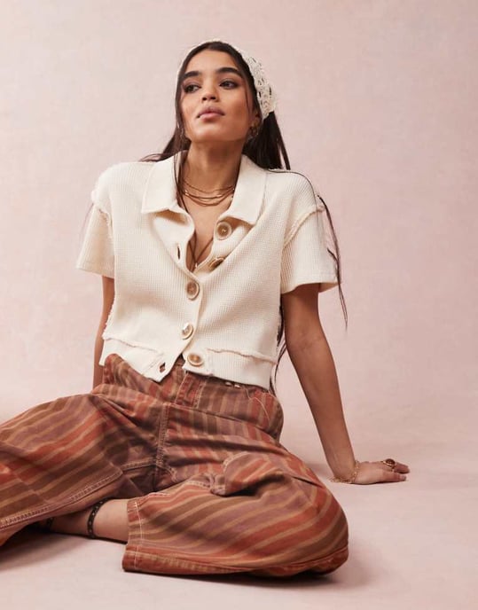 ASOS DESIGN button down cropped waffle shirt in cream - Image 1