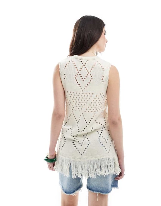 Miss Selfridge knitted tie front fringed waistcoat in cream - Image 2