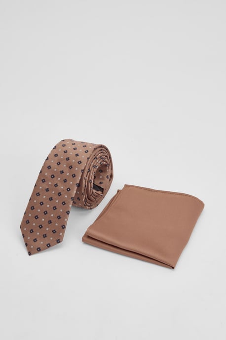 Light Brown Foulard Tie and Plain Pocket Square - Image 1