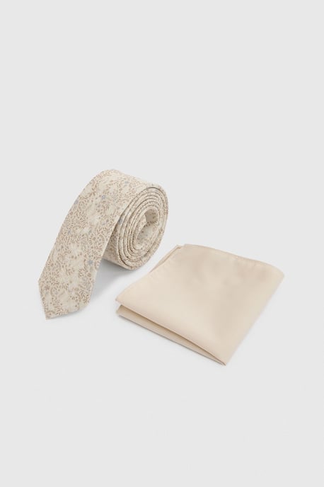 Champagne Ditsy Tie and Plain Pocket Square - Image 1