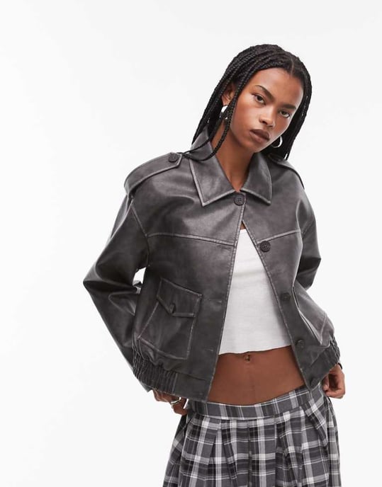 Topshop faux leather cropped button thru patch pocket bomber in washed black - Image 1