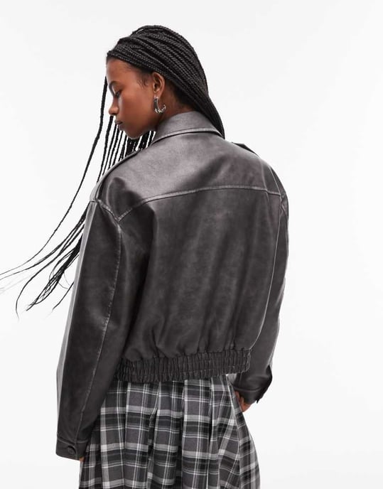 Topshop faux leather cropped button thru patch pocket bomber in washed black - Image 2