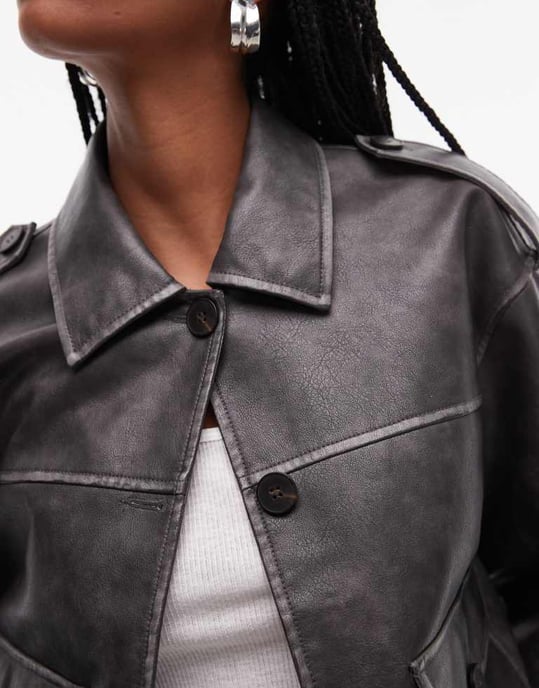 Topshop faux leather cropped button thru patch pocket bomber in washed black - Image 4