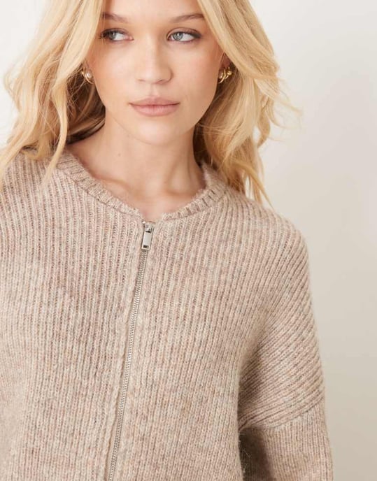 Gina Tricot knitted zip through bomber jacket in beige melange - Image 4