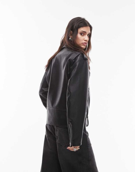 Topshop faux leather bubble oversized biker in black - Image 2