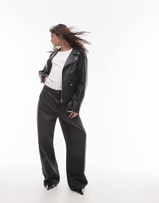 Topshop faux leather bubble oversized biker in black - Image 4