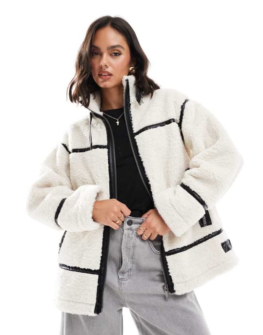 Miss Selfridge borg aviator jacket in cream - Image 1