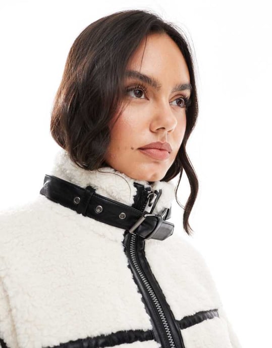 Miss Selfridge borg aviator jacket in cream - Image 3