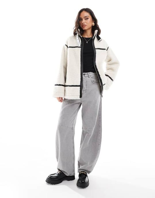 Miss Selfridge borg aviator jacket in cream - Image 4
