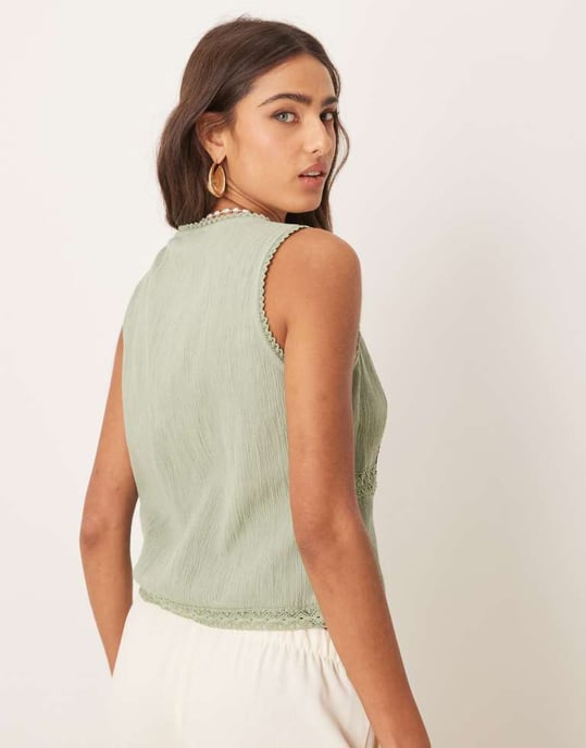 ASOS DESIGN lace trim waistcoat in sage - Image 3