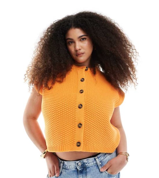ASOS DESIGN Curve boxy knitted stitch waistcoat with button detail in orange - Image 1