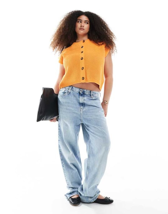 ASOS DESIGN Curve boxy knitted stitch waistcoat with button detail in orange - Image 2