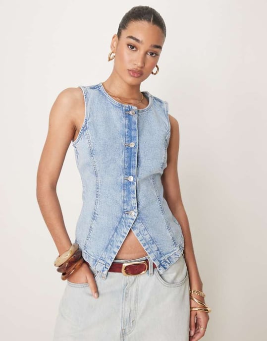 Gina Tricot sleeveless sculpted denim waistcoat in lightwash blue - Image 1