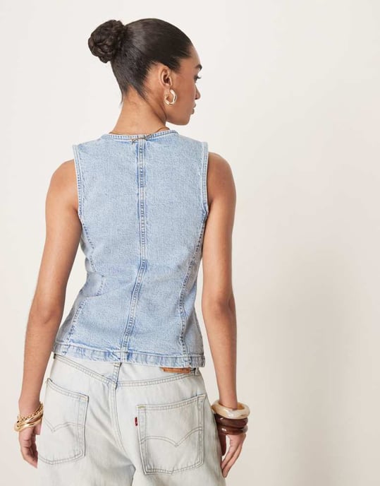 Gina Tricot sleeveless sculpted denim waistcoat in lightwash blue - Image 4