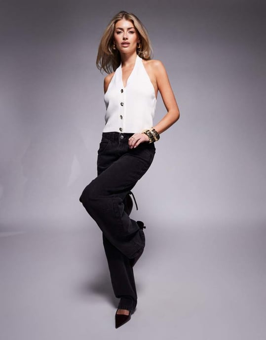 ASOS DESIGN knitted halter waistcoat with gold buttons co-ord in ivory - Image 2