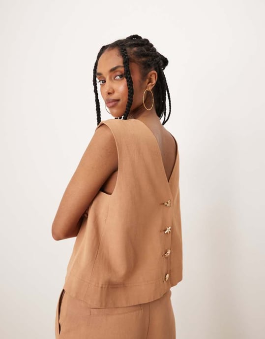 ASOS DESIGN tailored high neck button back top with mixed buttons co-ord in tan - Image 1