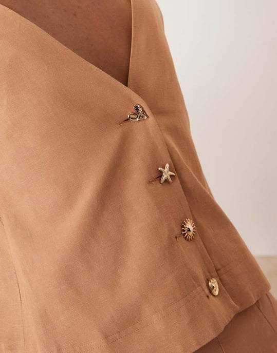ASOS DESIGN tailored high neck button back top with mixed buttons co-ord in tan - Image 2