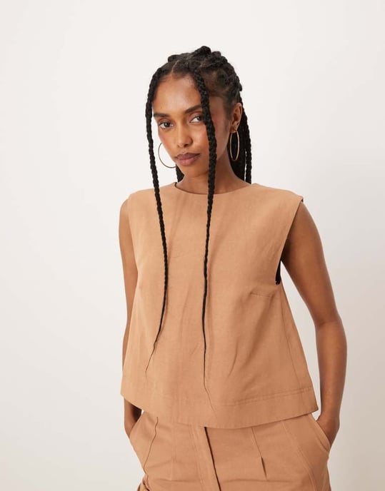 ASOS DESIGN tailored high neck button back top with mixed buttons co-ord in tan - Image 3