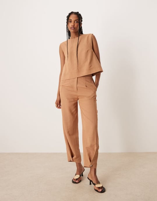 ASOS DESIGN tailored high neck button back top with mixed buttons co-ord in tan - Image 4