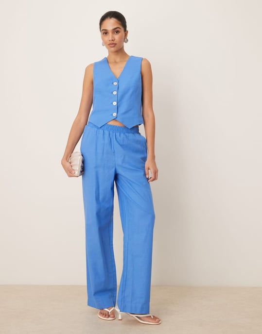 YAS linen touch waistcoat co-ord in provence blue - Image 2
