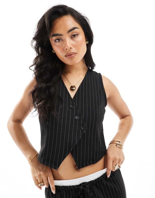 Pieces tailored asymmetric placket detail waistcoat co-ord in black pinstripe - Image 1