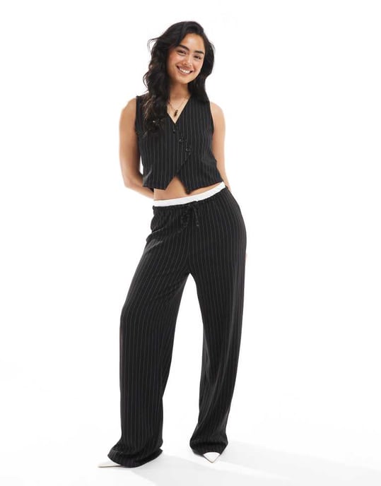 Pieces tailored asymmetric placket detail waistcoat co-ord in black pinstripe - Image 2