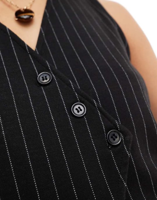 Pieces tailored asymmetric placket detail waistcoat co-ord in black pinstripe - Image 3