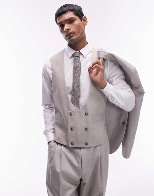 Topman slim linen blend waistcoat in stone - Image 1