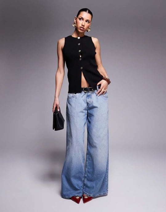 ASOS DESIGN knitted crew neck structured waistcoat with gold button detail in black - Image 2