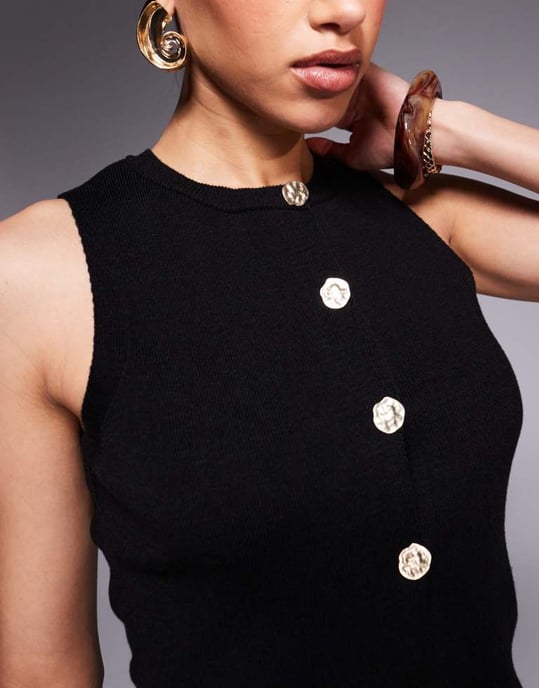 ASOS DESIGN knitted crew neck structured waistcoat with gold button detail in black - Image 3