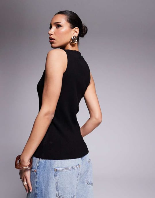 ASOS DESIGN knitted crew neck structured waistcoat with gold button detail in black - Image 4