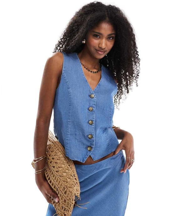 ONLY chambray denim waistcoat co-ord in mid blue - Image 1
