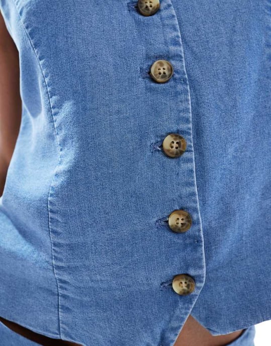 ONLY chambray denim waistcoat co-ord in mid blue - Image 3