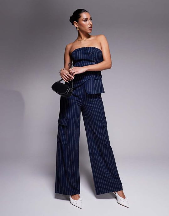 In The Style x Natalya Wright exclusive tailored bandeau asymmetric waistcoat co-ord in navy pinstripe - Image 2