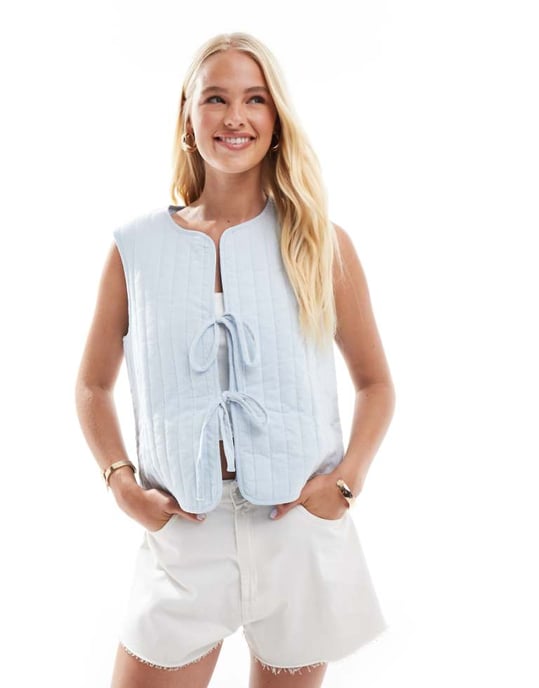 Pieces lightweight quilted tie front summer gilet in light blue - Image 1
