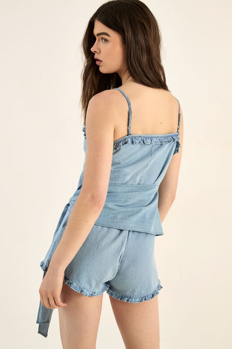 Chambray Lace Trim Tie Waist Romper - Image 4