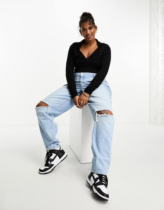ASOS DESIGN Curve bomull modal skjortbodysuit i svart - Image 2