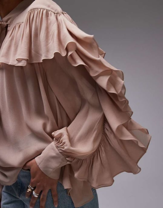 & Other Stories genomskinlig blus med volangdetalj och scarfhalsband i beige - Image 2