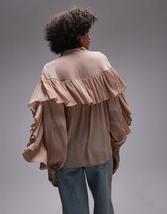 & Other Stories genomskinlig blus med volangdetalj och scarfhalsband i beige - Image 3