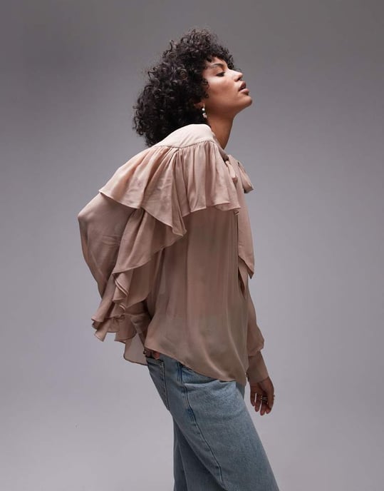 & Other Stories genomskinlig blus med volangdetalj och scarfhalsband i beige - Image 4