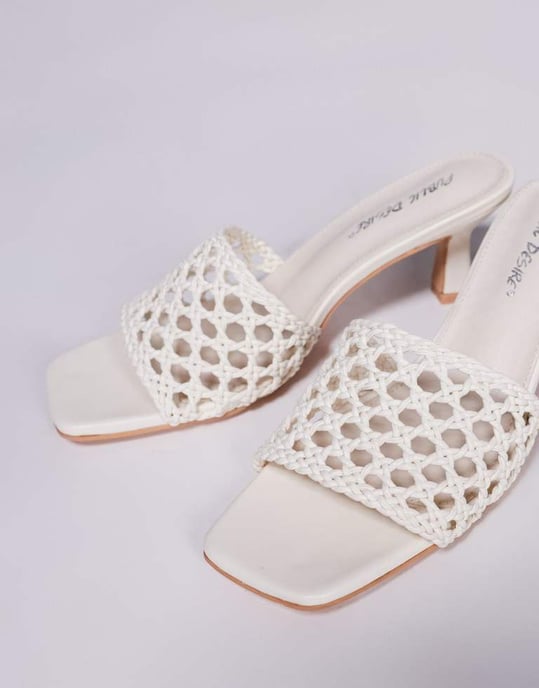 Public Desire Wide Fit Maribelle woven kitten heel mule sandals in cream - Image 2