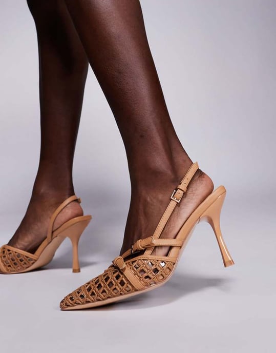 Public Desire Wide Fit Smooch woven strappy sling back heeled shoes in tan - Image 4