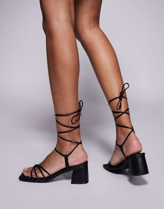 Public Desire Saffira mid heeled sandal with ankle ties in black - Image 2
