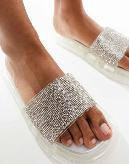 Simmi London Fan flat sandal with embellished upper in silver - Image 3