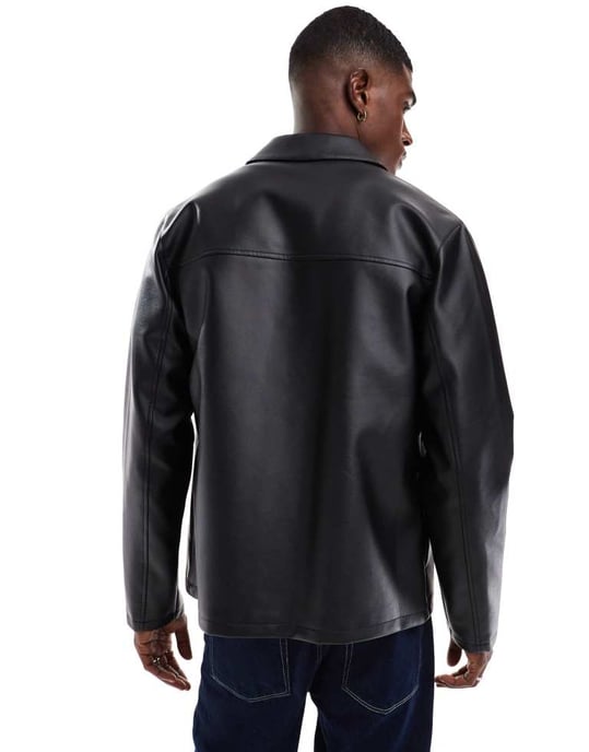 ASOS DESIGN fusk läder shacket i svart - Image 3
