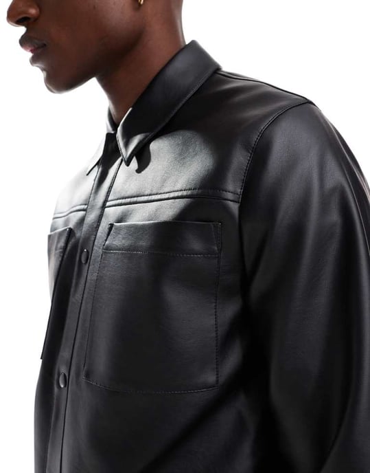 ASOS DESIGN fusk läder shacket i svart - Image 4